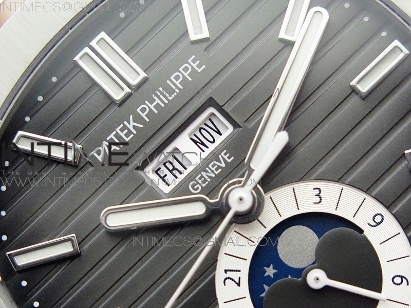 NAUTILUS 5726 SS GRF 1:1 BEST EDITION GRAY DIAL WORKING ANNUAL CALENDARON BLACK LEATHER STARP A.324 V2